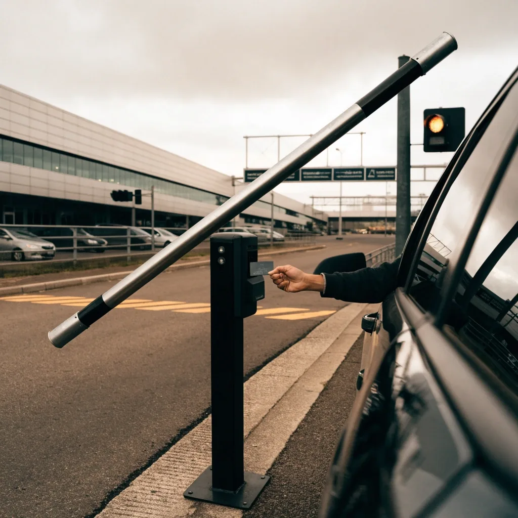 Raised barrier arm at a car park exit lane