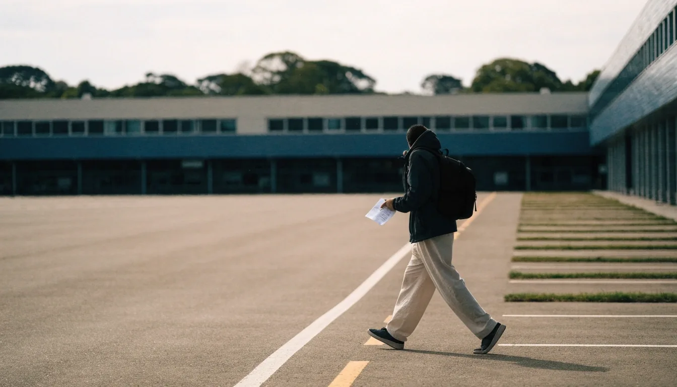 A driver walking a marked lane through an open-air Brisbane airport parking bay field toward the terminal-side car park