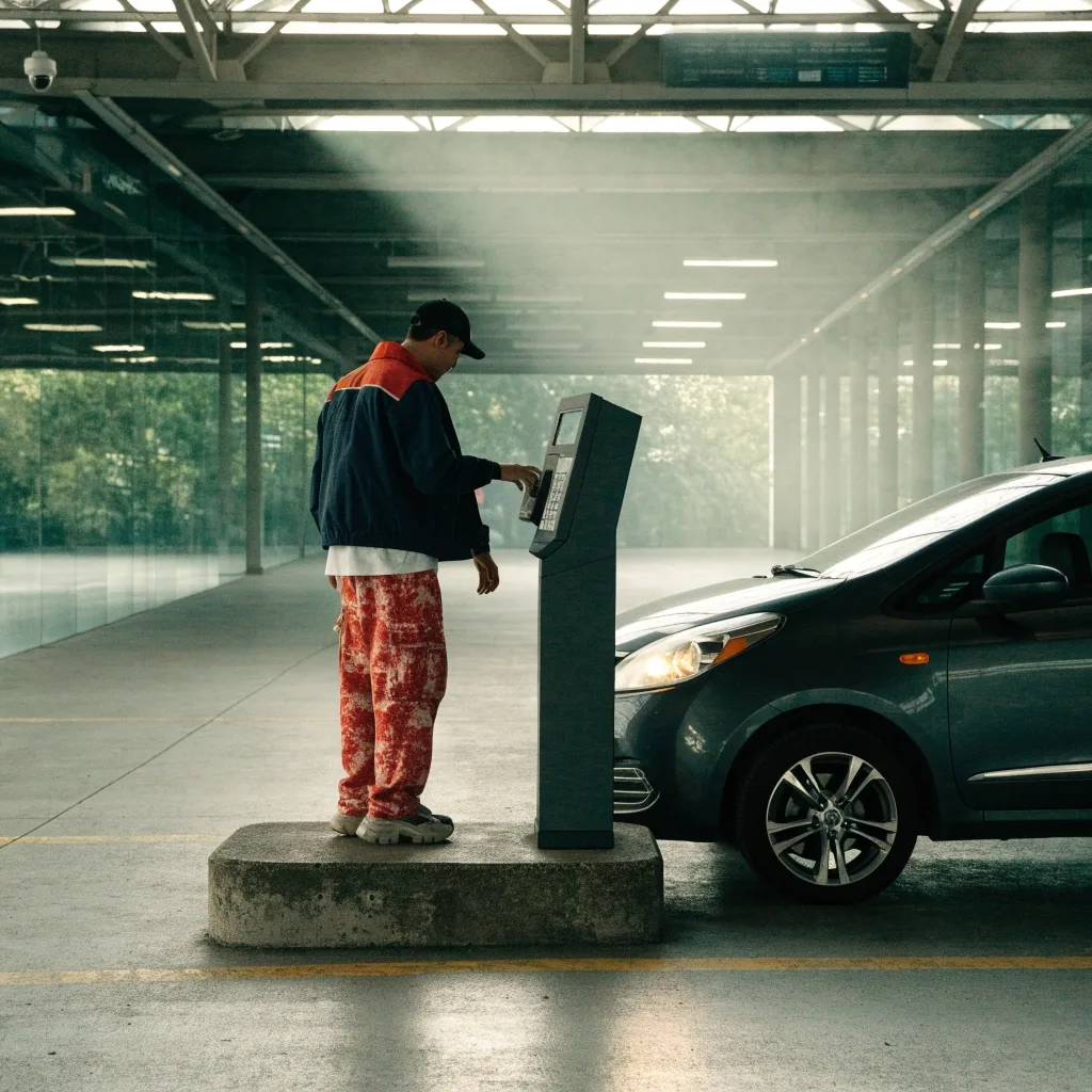 A driver's forearm reaching toward a card reader column at an airport car park exit, cropped above the wrist