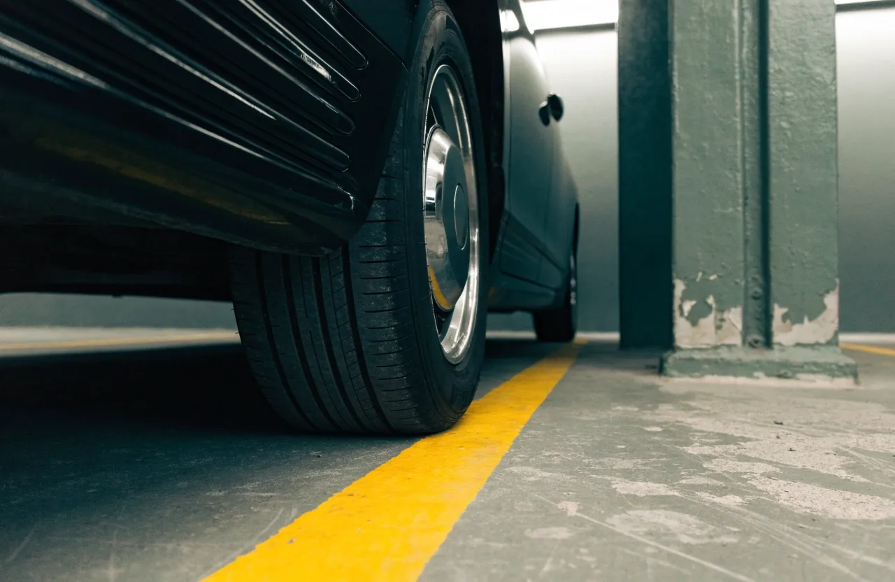 A tight low crop of a car nose entering a concrete parking bay beside a painted column