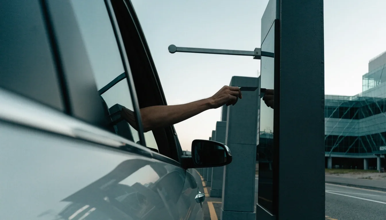 A raised barrier arm at an airport car park exit lane beside a card reader column in flat evening light