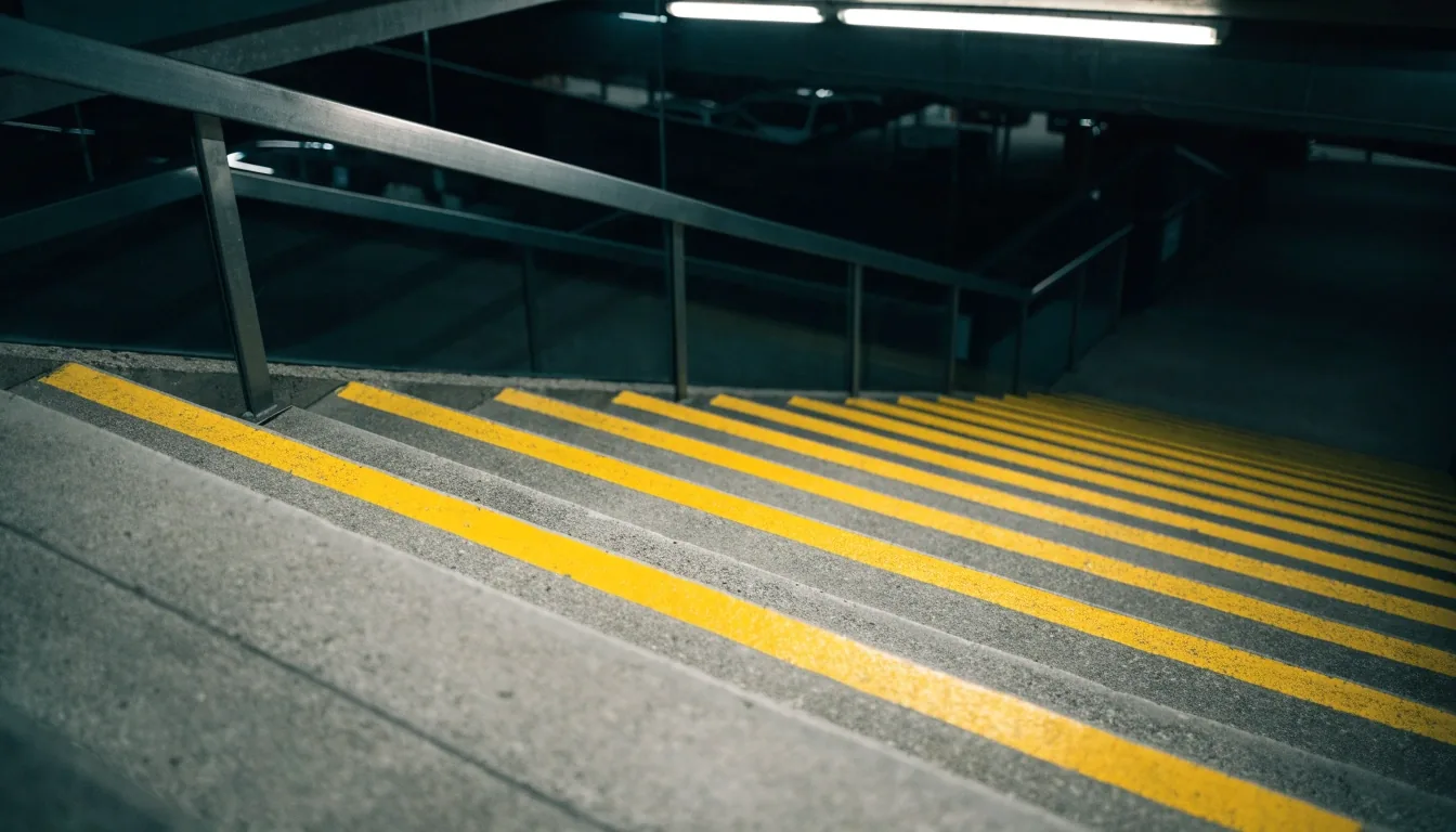 Concrete stairs between two levels of an airport car park with painted edge stripes under flat overhead light