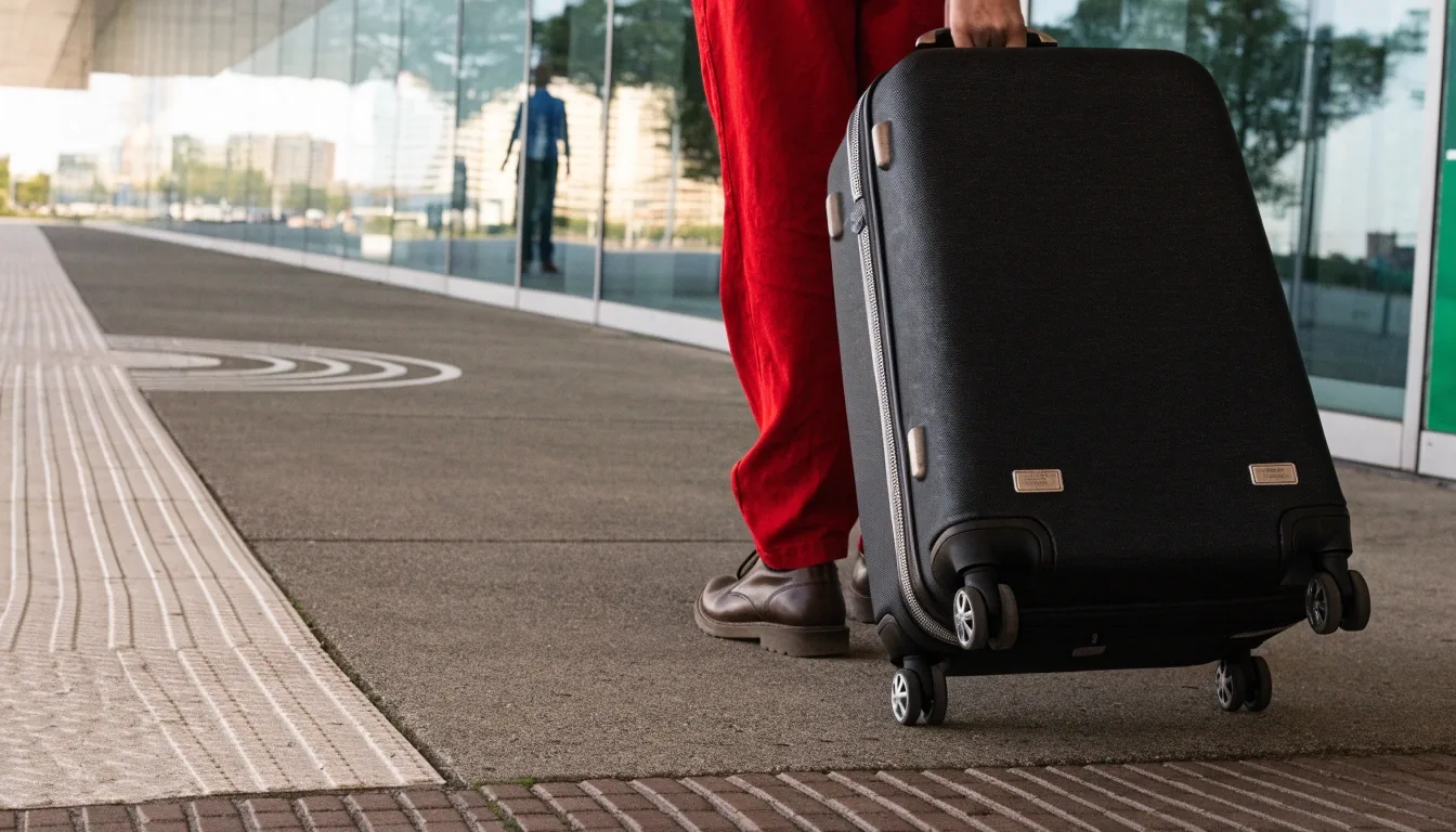 A wheeled suitcase being pulled along a marked walkway outside an airport terminal