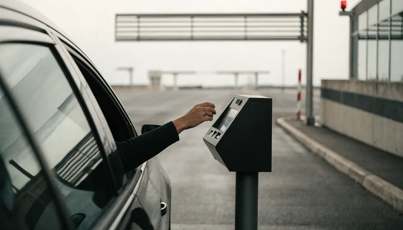 A barrier arm raised over a marked exit lane at a Brisbane airport car park