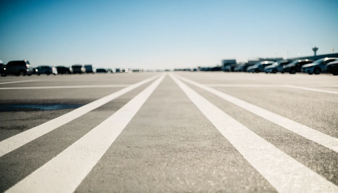 Open-air airport car park bay field with painted lines running to a vanishing point