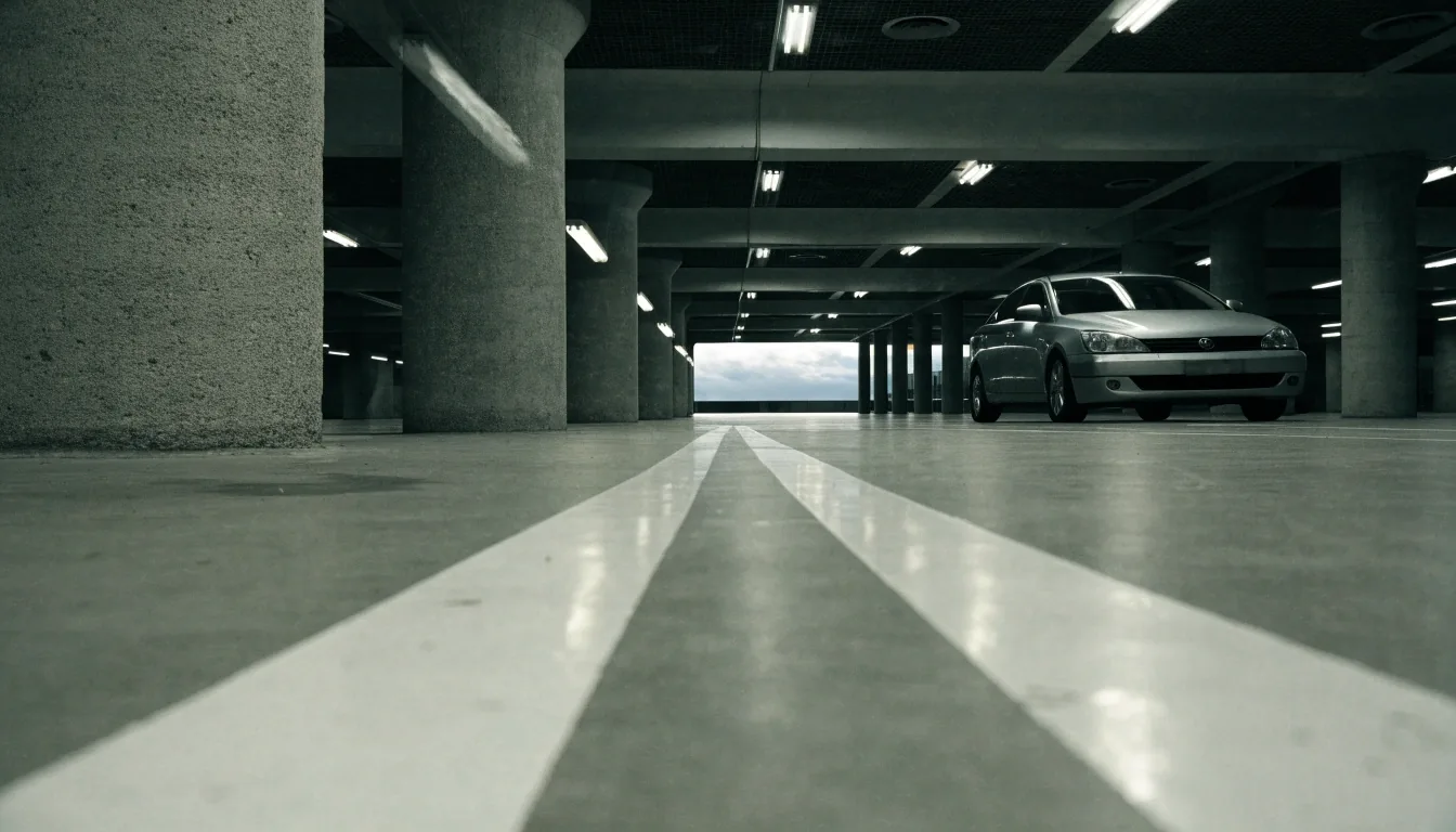 Undercover car park bay lane at Brisbane Airport in flat overcast morning light