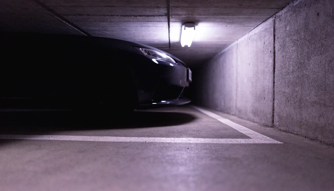 Car parked under a low concrete ceiling in a shaded long-stay bay