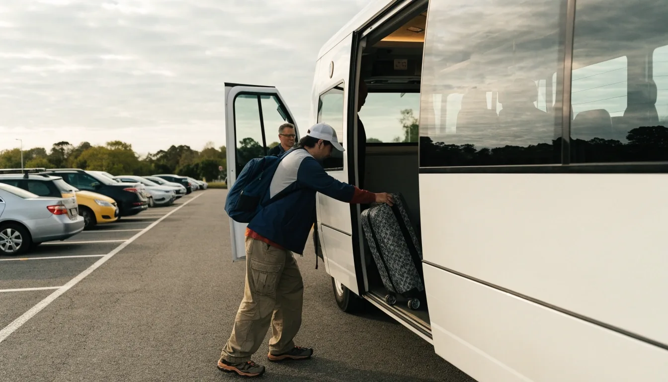 Complimentary transfer bus waiting at an open-air long-stay car park near Brisbane Airport