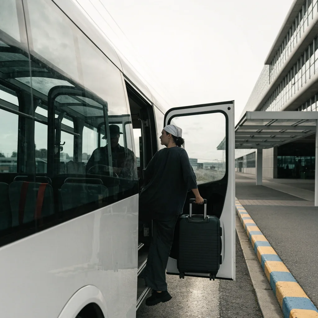Shuttle pickup shelter and marked kerb at an open-air Brisbane Airport car park