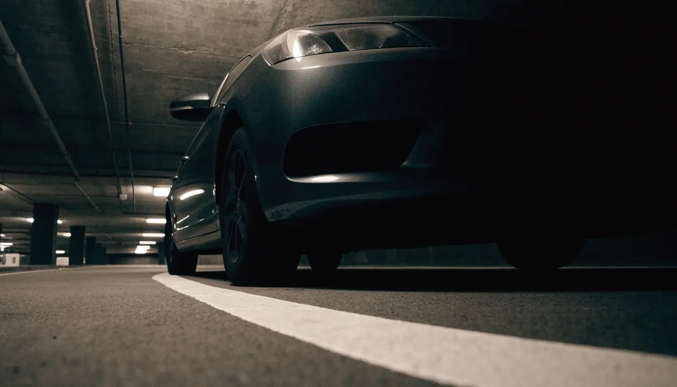 Car parked under a low concrete ceiling in a long-term parking area