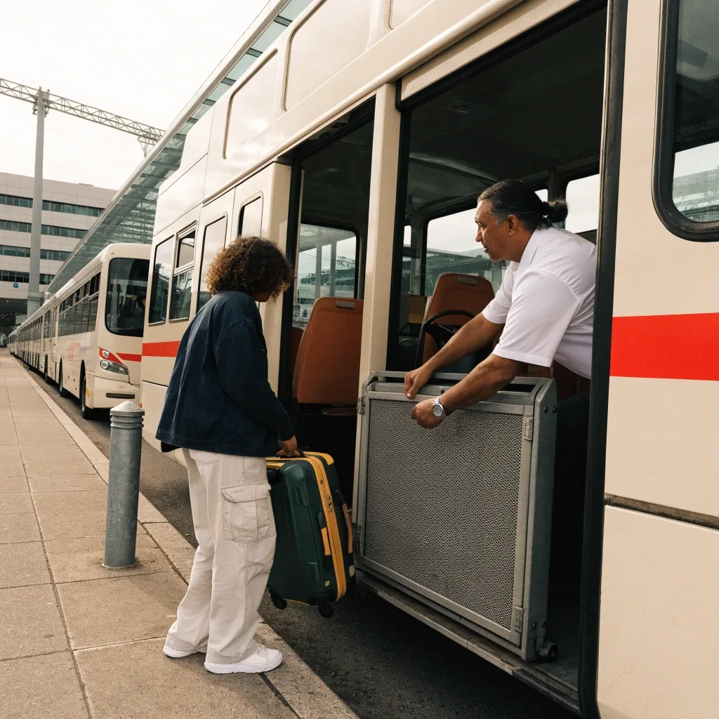 Complimentary transfer shuttle bus waiting at a kerb at Brisbane Airport