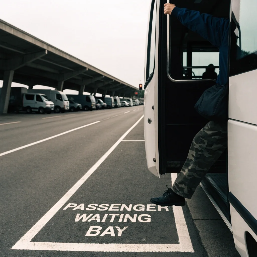 Traveller pulling a suitcase along a marked path toward the terminal entrance