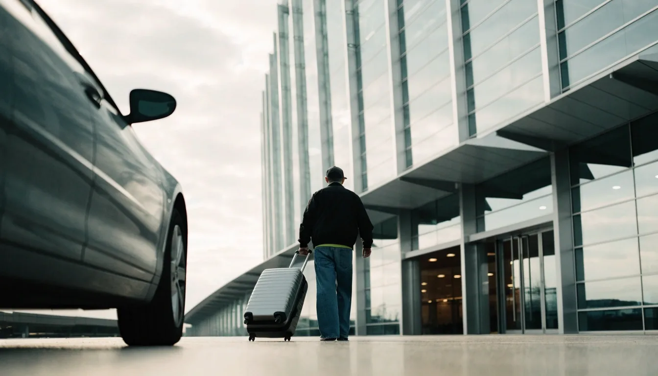 Traveller lifting luggage from a car boot at a Brisbane Airport terminal kerb