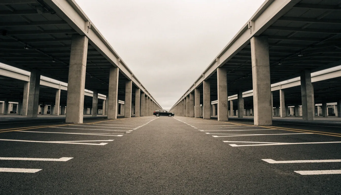 Undercover car park deck at Brisbane Airport with painted bay lines running toward the camera