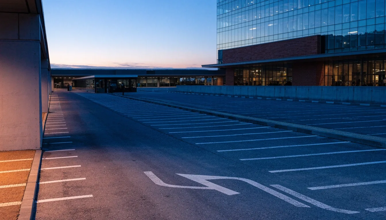 Empty outdoor parking bays with painted lines running toward a vanishing point at Brisbane Airport