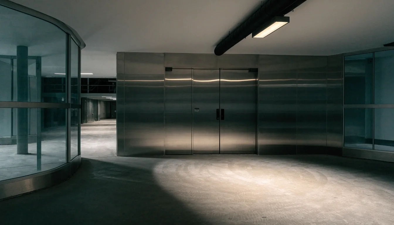 Steel lift lobby interior inside a Brisbane Airport car park, empty and lit from above