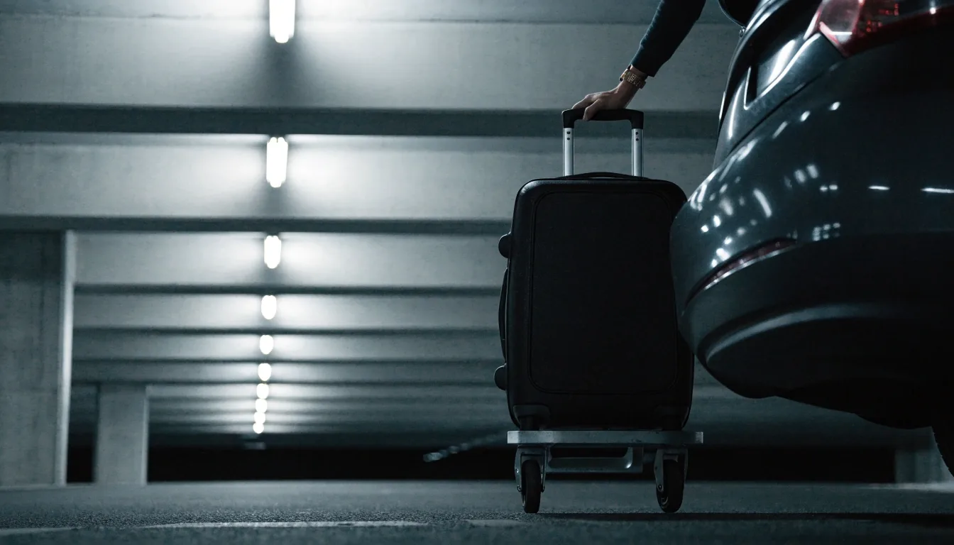 Traveller loading a suitcase beside a car in an airport car park before an enquiry is sent