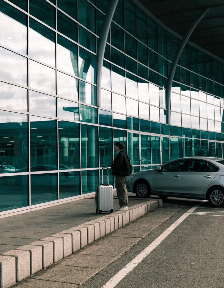 Empty kerbside pickup lane outside the International Terminal glass facade