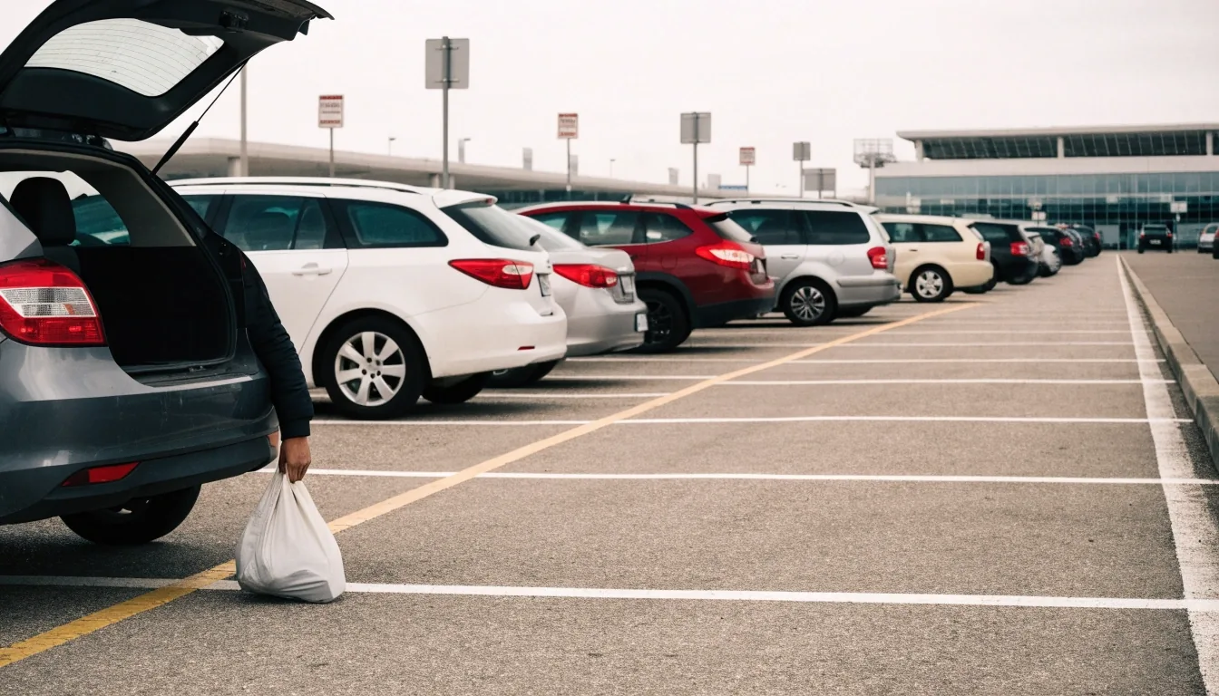 Rows of cars nosed into open-air bays at a busy airport car park