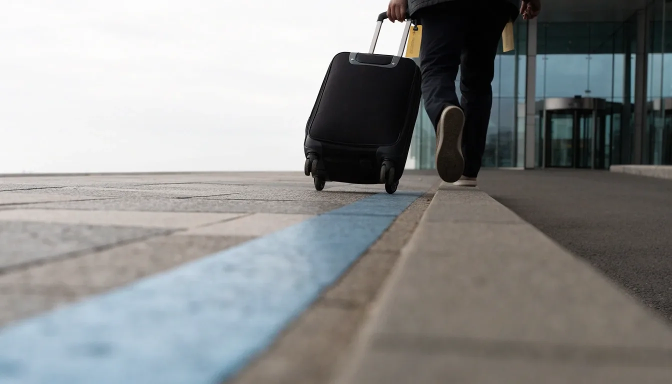 Traveller walking with a suitcase toward a terminal entrance
