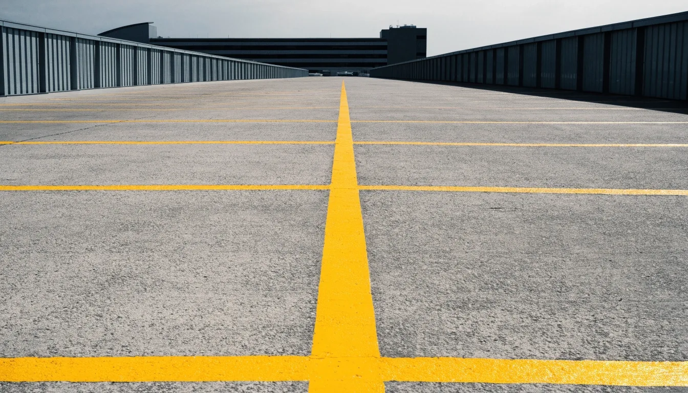 Empty open-air parking bay with a freshly painted yellow line at a Brisbane airport car park