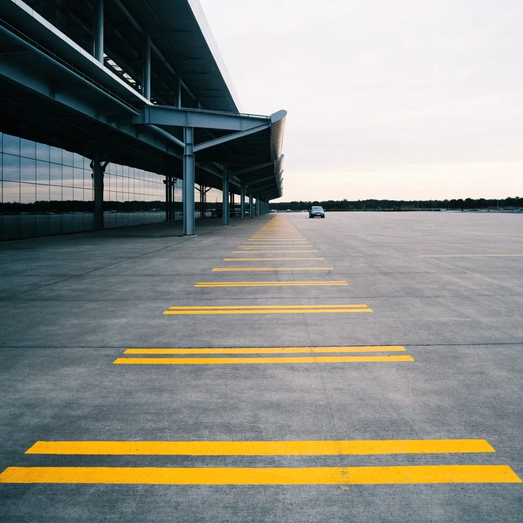 Open-air parking bays with painted line markings at a Brisbane airport car park in flat overcast daylight