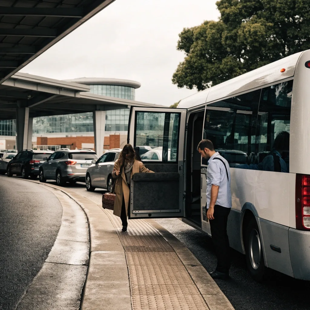 A traveller crossing an open-air car park row toward the pick-up kerb at Brisbane Airport with a carry-on bag