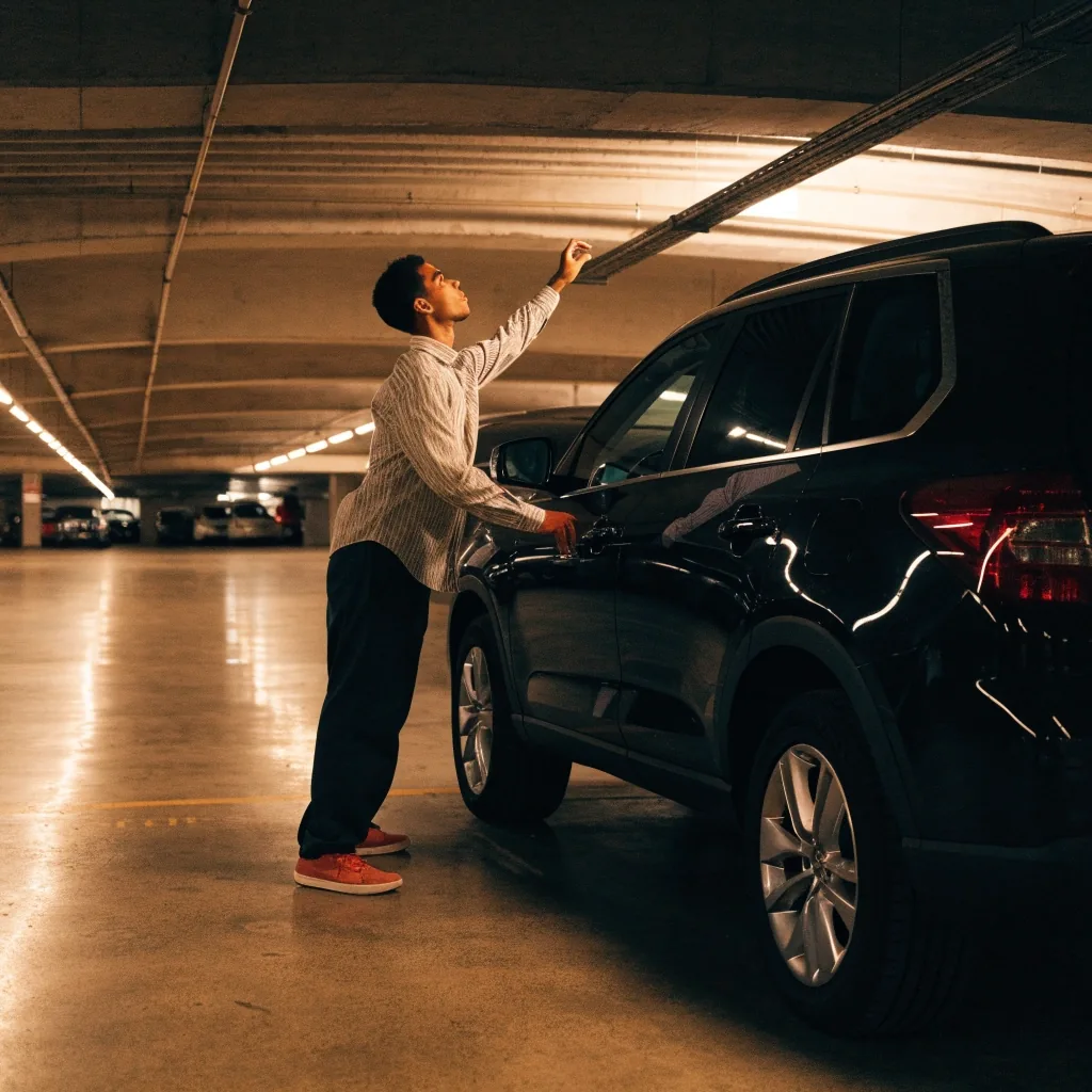 A traveller loading a bag from a car boot on an open parking deck at Brisbane Airport before an early departure