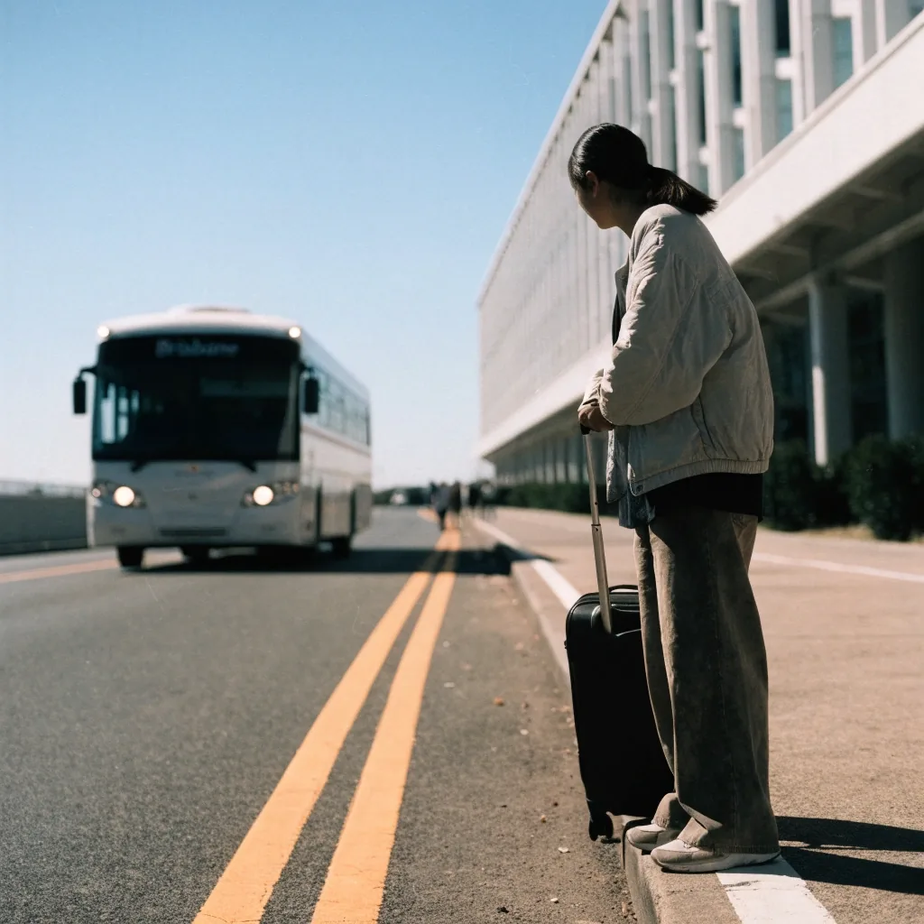 A complimentary transfer shuttle waiting at an open-air kerb at Brisbane Airport with its doors closed